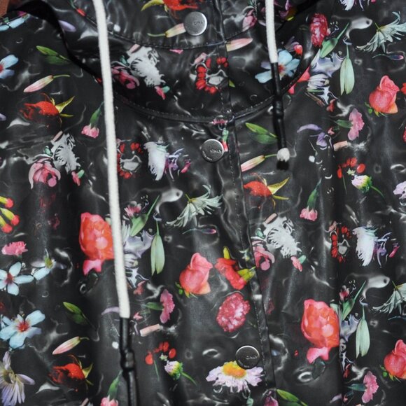 ONLY anno 1995 Waterproof Raincoat Black & Multi Color Floral Raincoat Hooded M - Picture 2 of 13